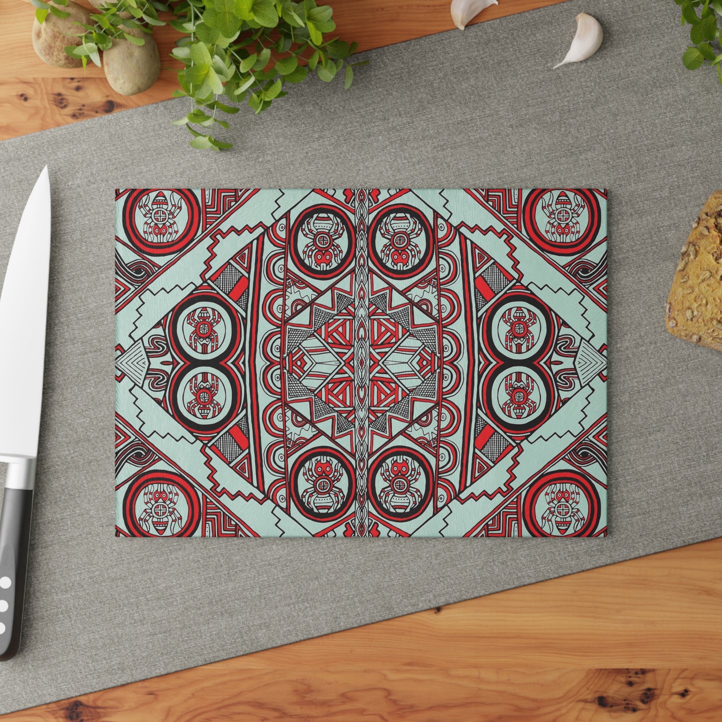 Glass Cutting Board, Kitchen Accessory, SouthEast Spider Motif, Grandmother Spider, Native Design, Ancient Tribal Mound Symbols