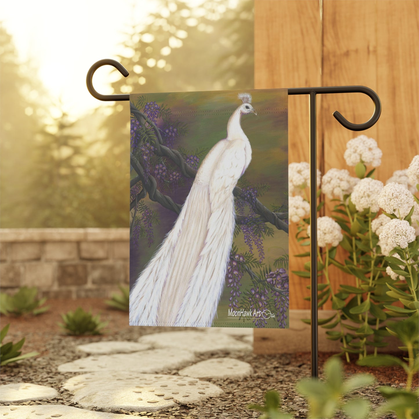Garden & House Banner, White Peacock on Wisteria