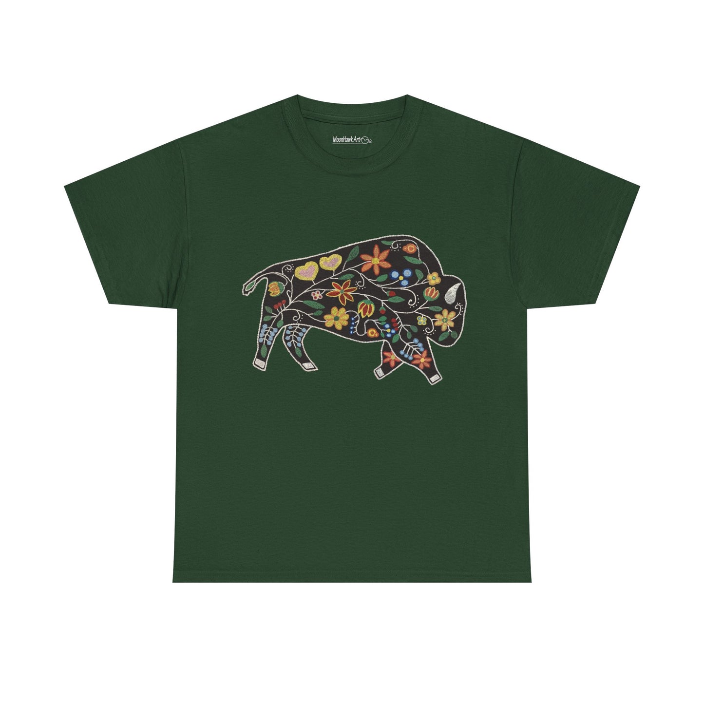 Unisex Heavy Cotton Tee, Native Beaded Floral Bison Design