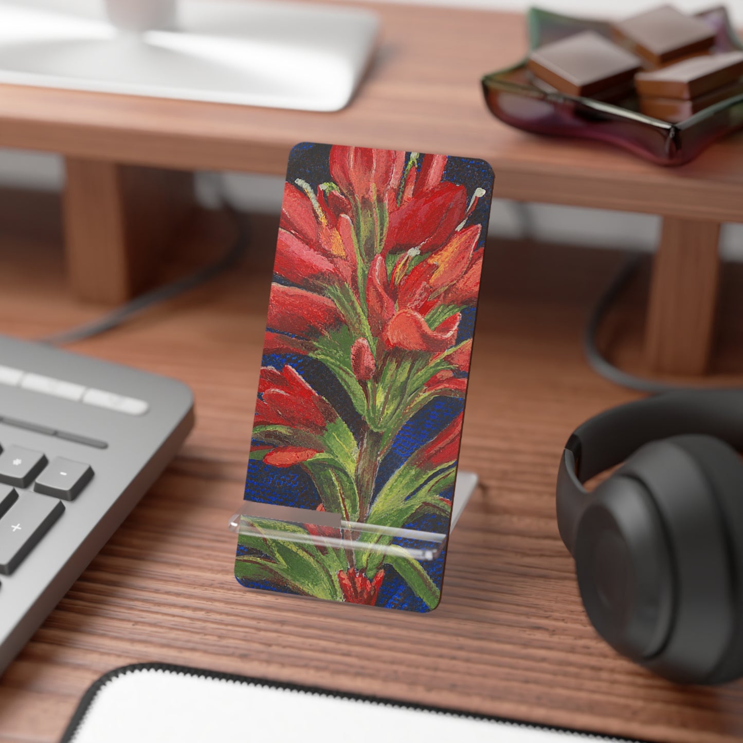 Mobile Display Stand for Smartphones, Indian Paintbrush, Oklahoma Wildflower, Wildflower Art, Red Floral, Cell Phone Holder