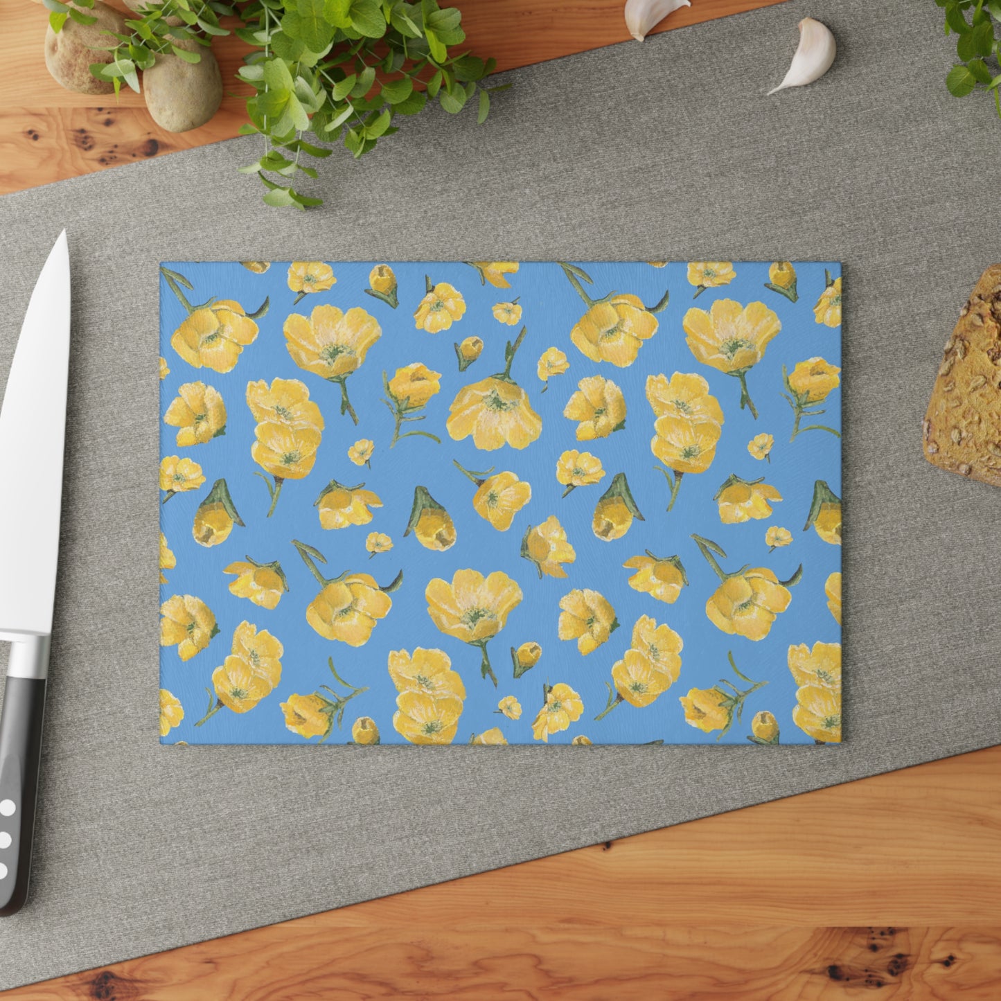 Glass Cutting Board, Kitchen Accessory, Buttercups, Light Blue Background, Oklahoma Wildflower, Yellow Floral