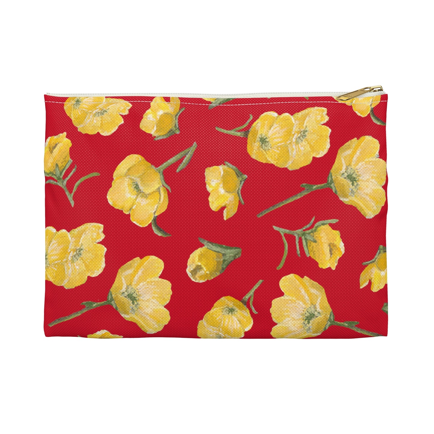 Accessory Pouch, Buttercups, Red Background, Oklahoma Wildflower, Yellow Floral