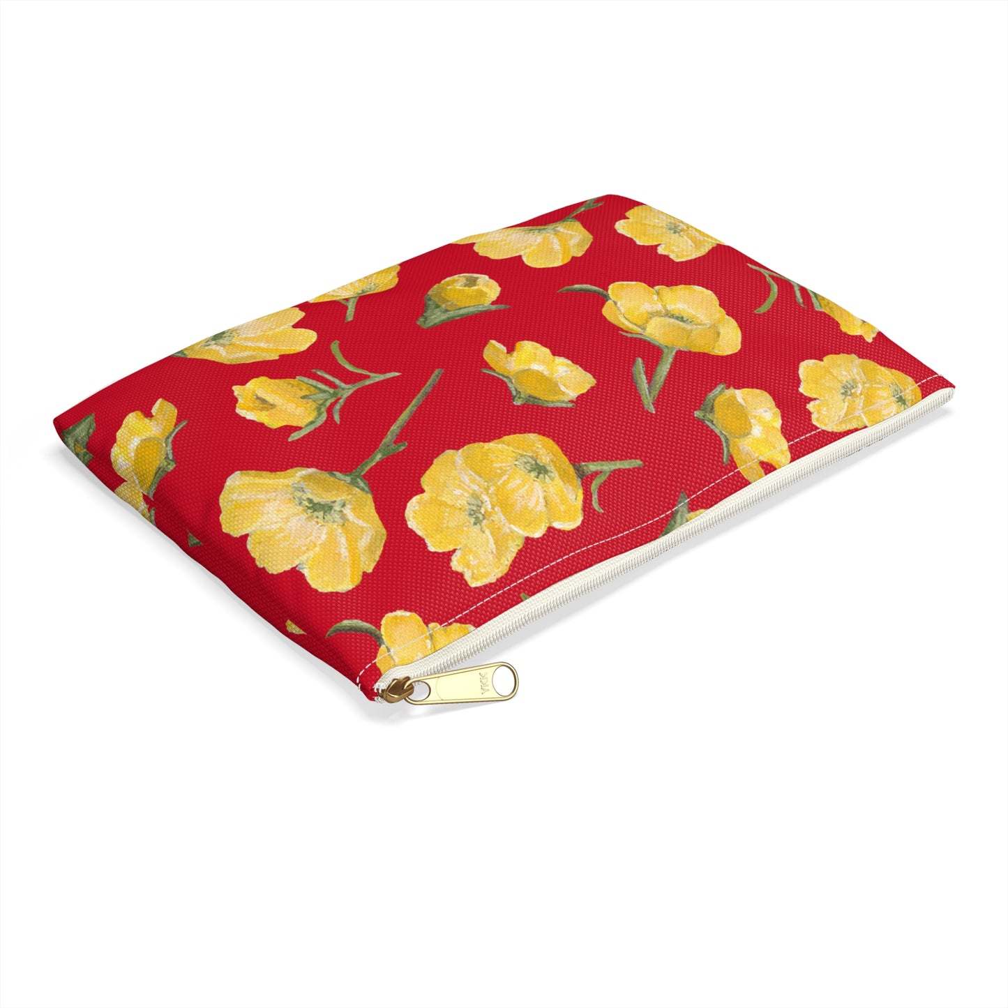 Accessory Pouch, Buttercups, Red Background, Oklahoma Wildflower, Yellow Floral