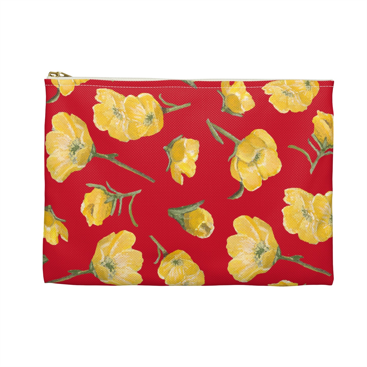 Accessory Pouch, Buttercups, Red Background, Oklahoma Wildflower, Yellow Floral