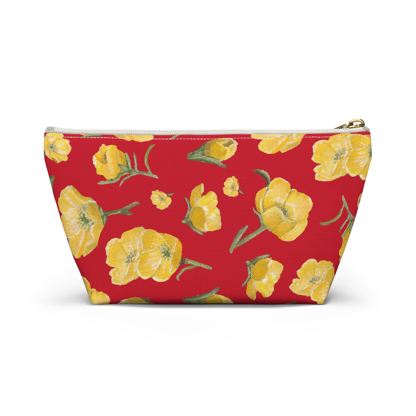 Accessory Pouch w T-bottom, Buttercups, Red Background, Oklahoma Wildflower, Yellow Floral