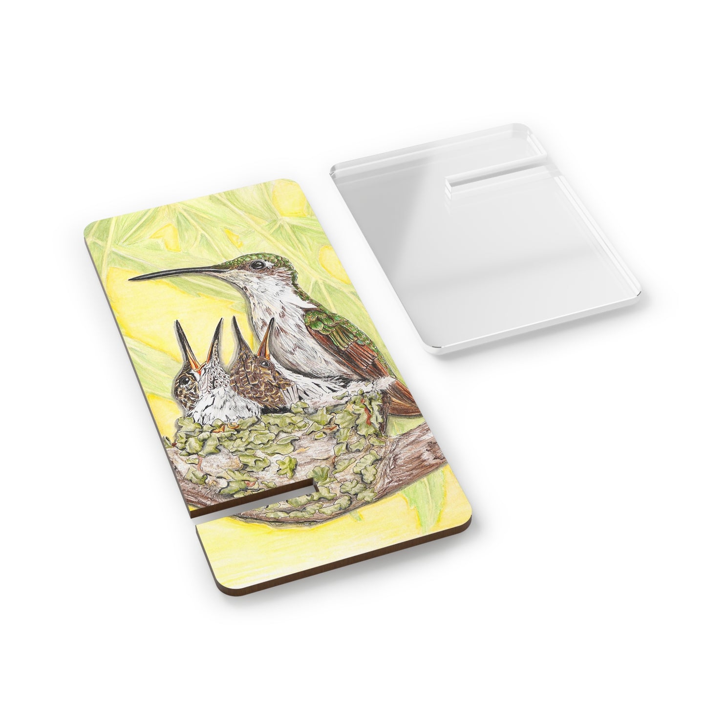Mobile Display Stand for Smartphones, Mother Hummingbird with Babies & Nest, Hummingbird Art, Wildbird, Oklahoma Wild Bird, Cell Phone Stand