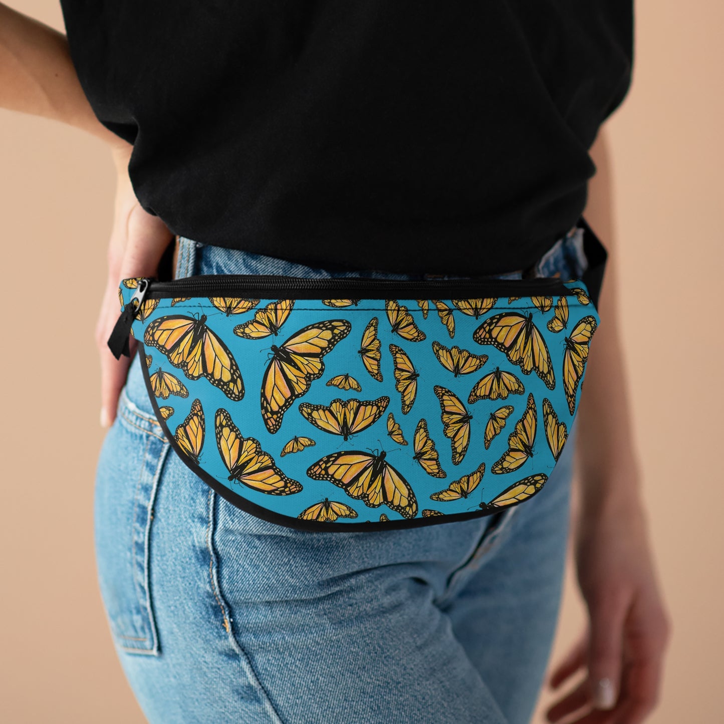 Fanny Pack, Turquoise Background, Monarch, Butterfly, Kamama