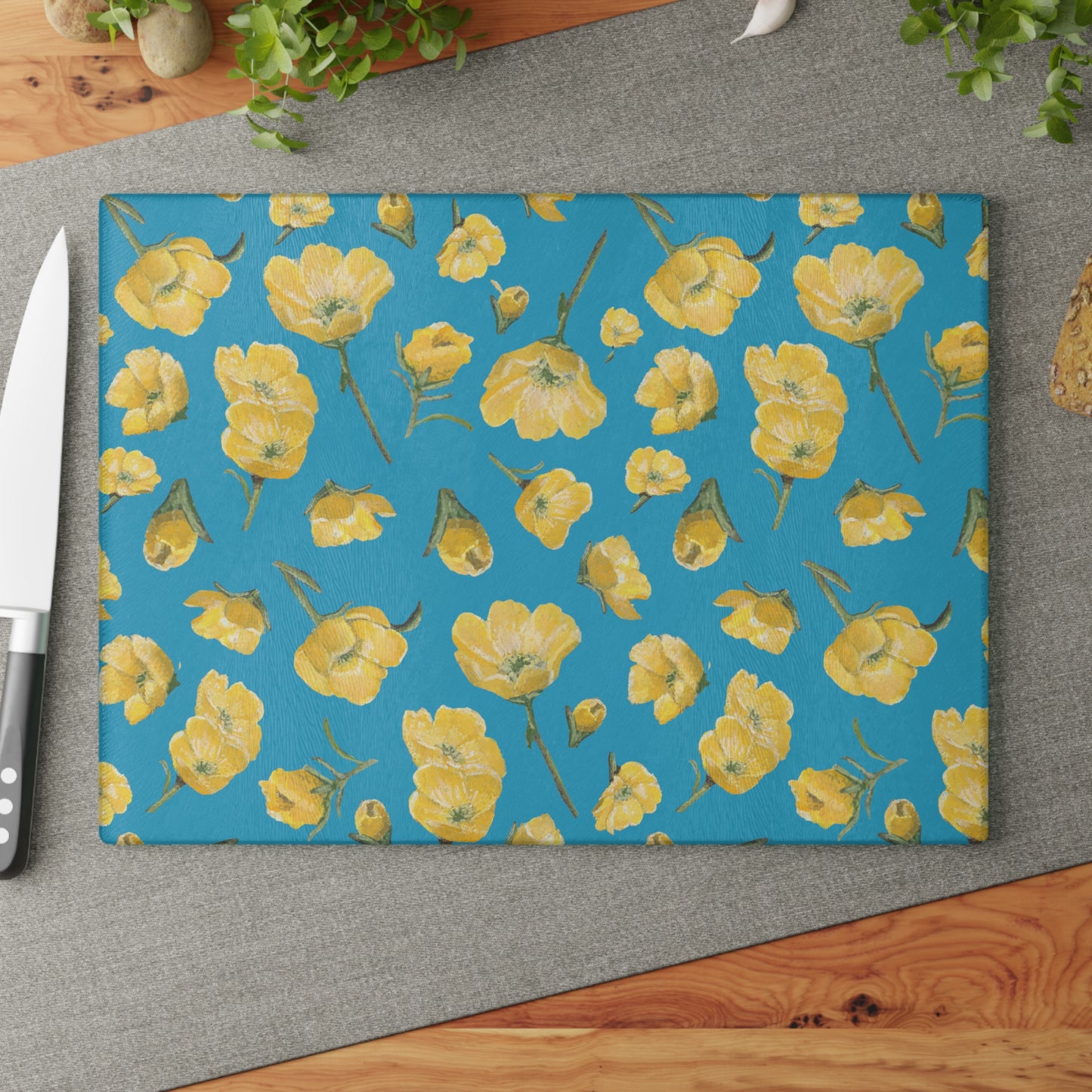 Glass Cutting Board, Kitchen Accessory, Buttercups, Turquoise Colored Background, Oklahoma Wildflower, Yellow Floral