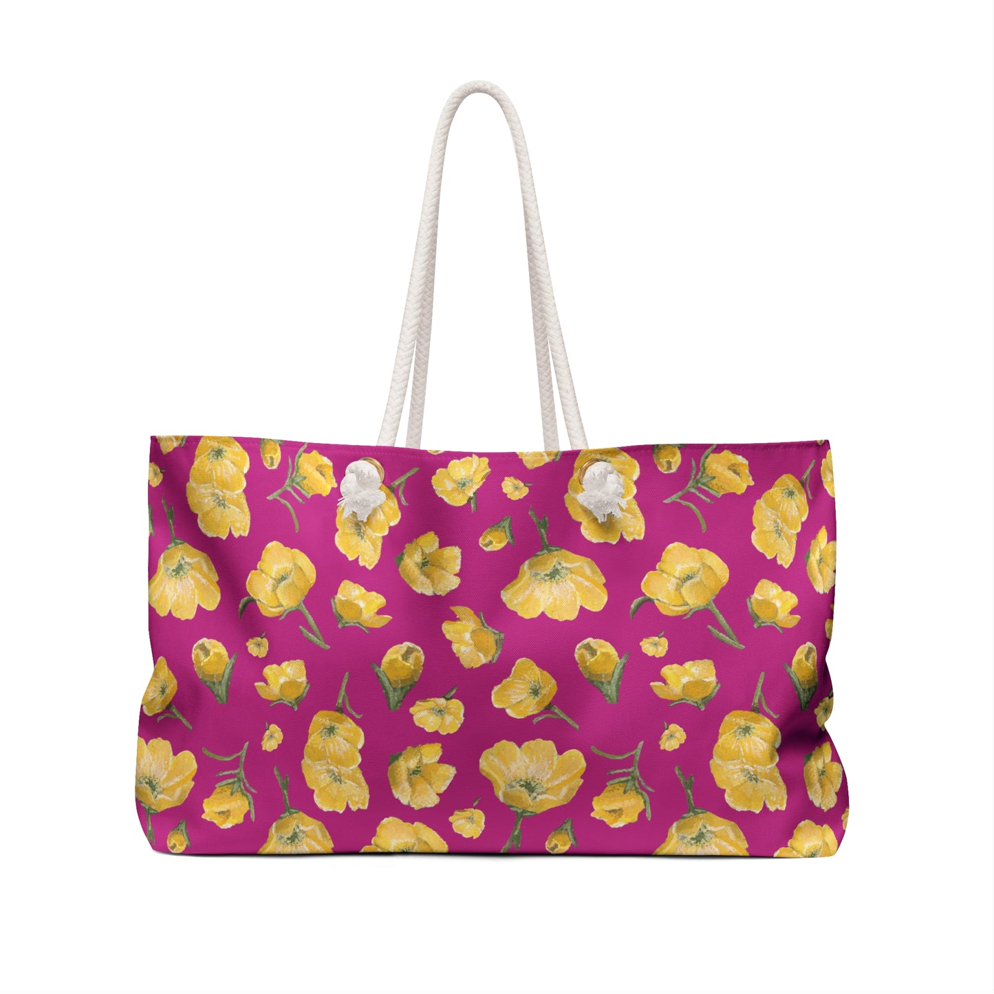 Weekender Bag, Buttercups, Hot Pink Background, Oklahoma Wildflower, Yellow Floral