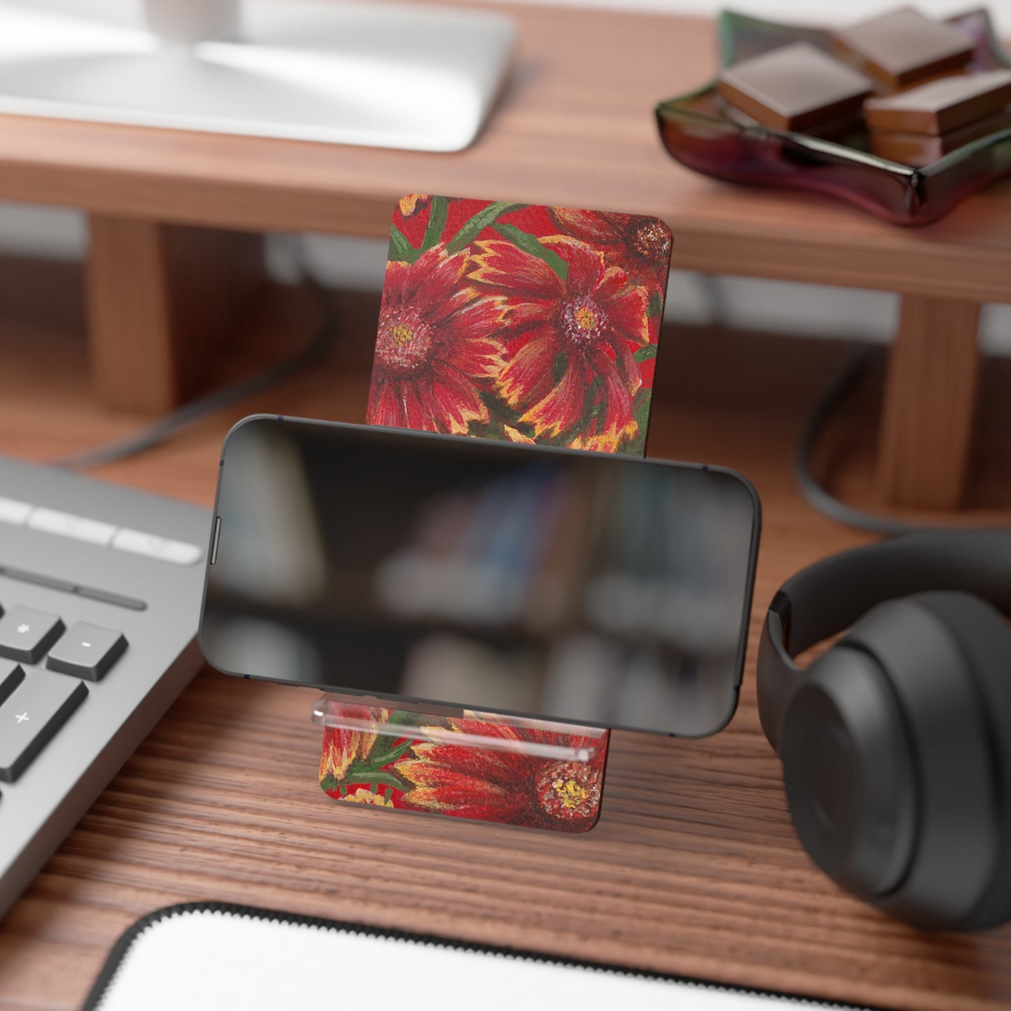 Mobile Display Stand for Smartphones, Indian Blanket, Oklahoma State Wildflower, Red Floral, Floral Art, Cell Phone Stand