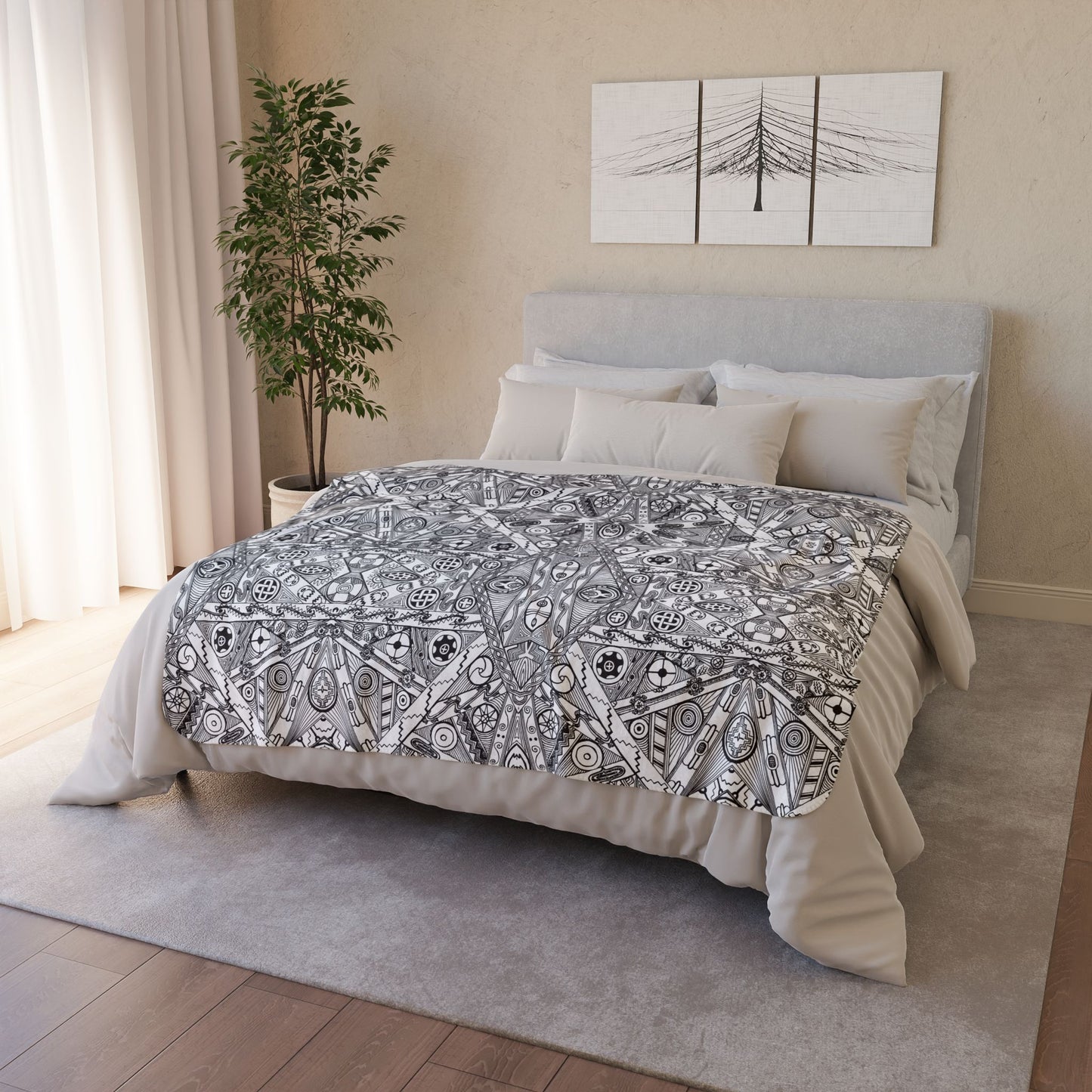 Fleece Sherpa Blanket, Black and White Tribal Motif, SouthEast Native American Mound Symbols, Indigenous art