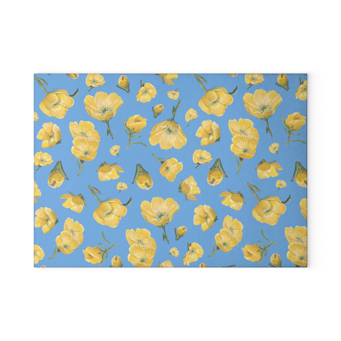 Glass Cutting Board, Kitchen Accessory, Buttercups, Light Blue Background, Oklahoma Wildflower, Yellow Floral