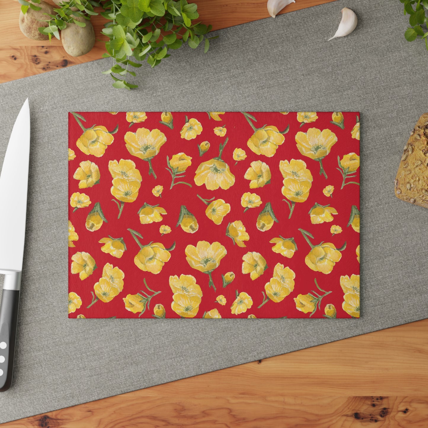 Glass Cutting Board, Kitchen Accessory, Buttercups, Red Background, Oklahoma Wildflower, Yellow Floral