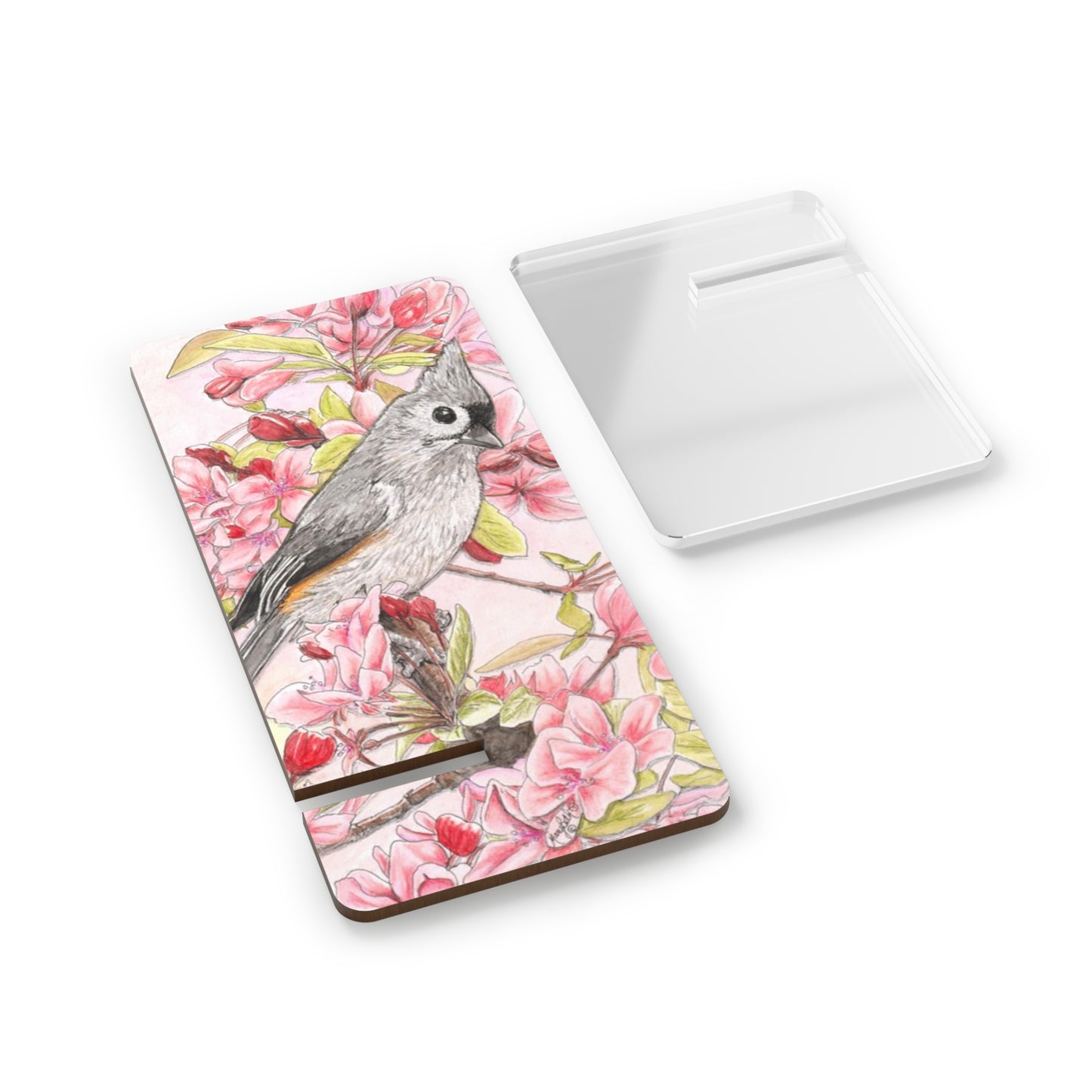 Mobile Display Stand for Smartphones, Tufted Titmouse, Wild Bird Art, Bird with Pink Floral, Cell Phone Stand