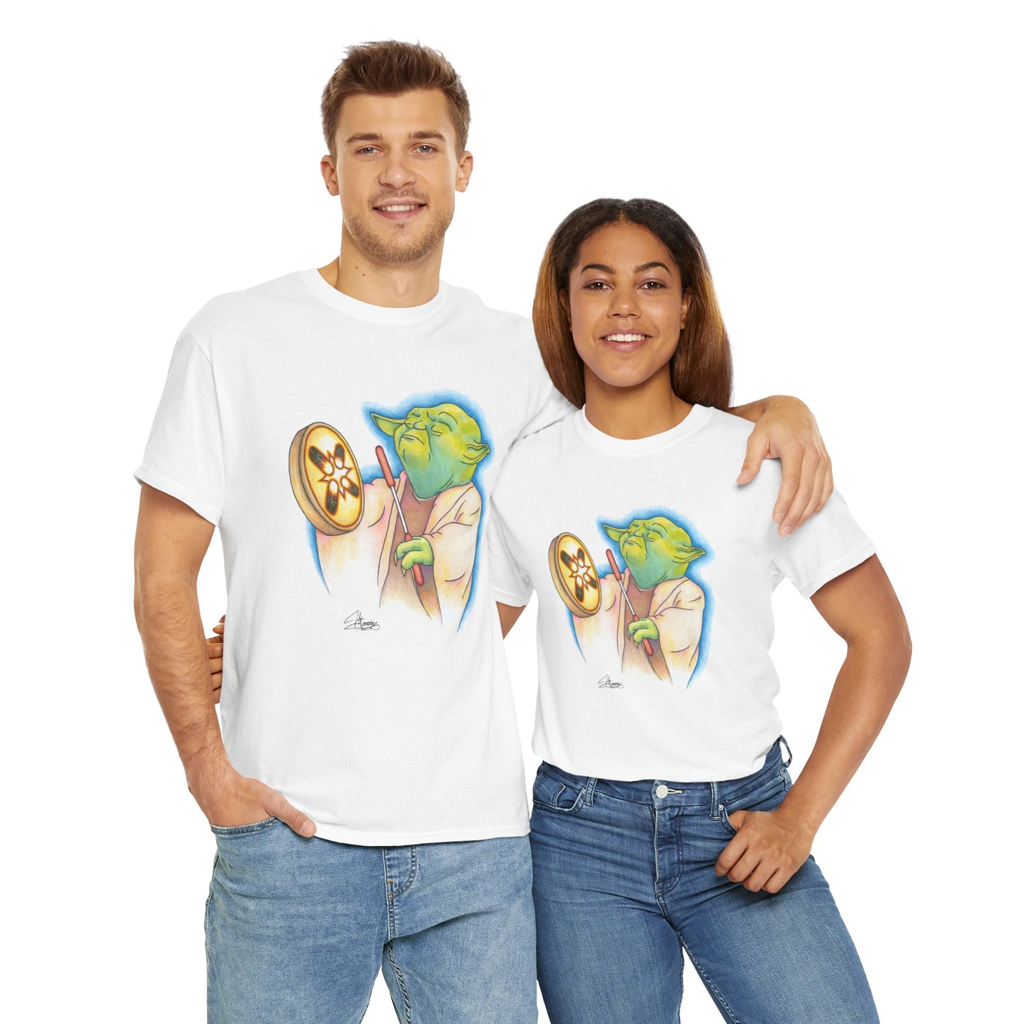Unisex Heavy Cotton Tee, Native Alien With Hand Drum, Song From Long Ago, Native American Pop Art, Indigenous Humor