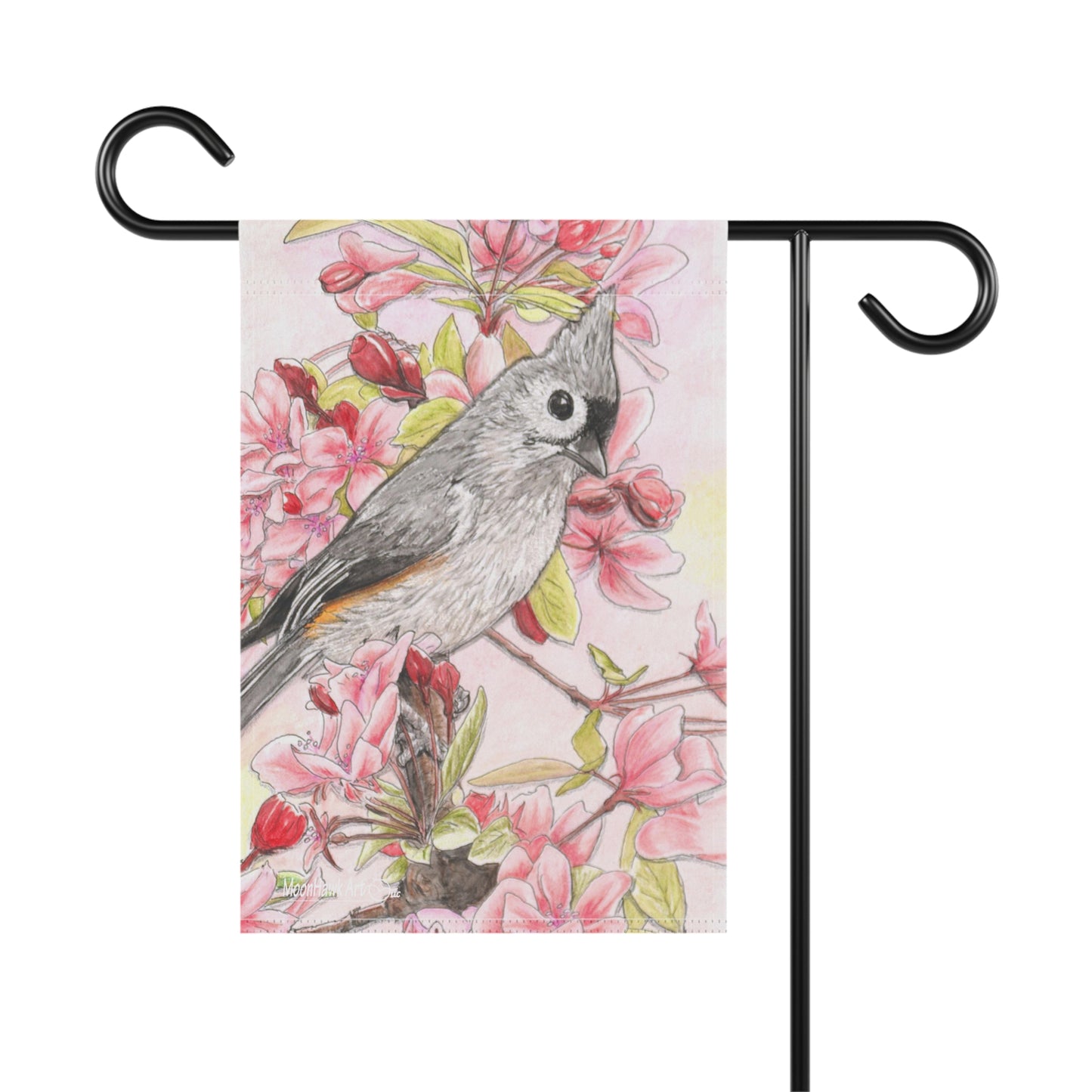 Garden & House Banner, Tufted Titmouse with Pink Floral