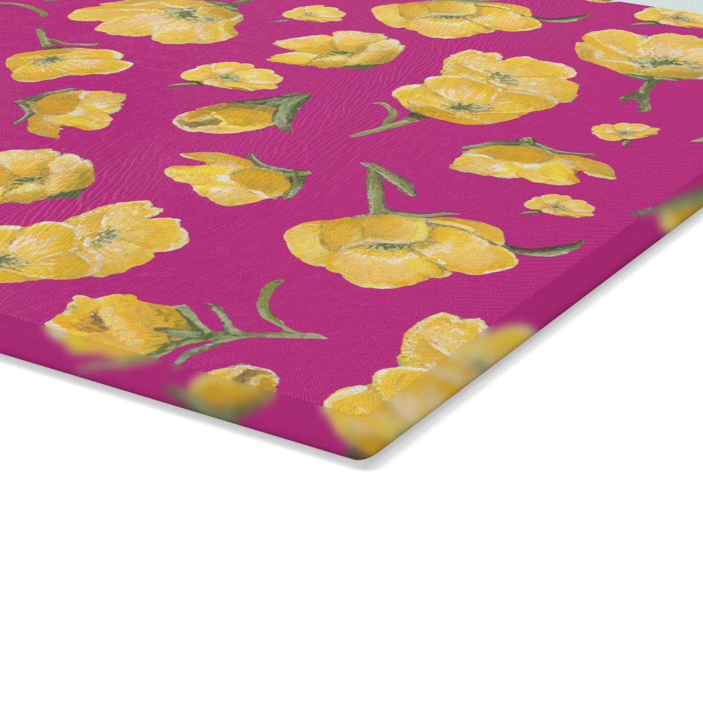 Glass Cutting Board, Kitchen Accessory, Buttercups, Hot Pink Background, Oklahoma Wildflower, Yellow Floral