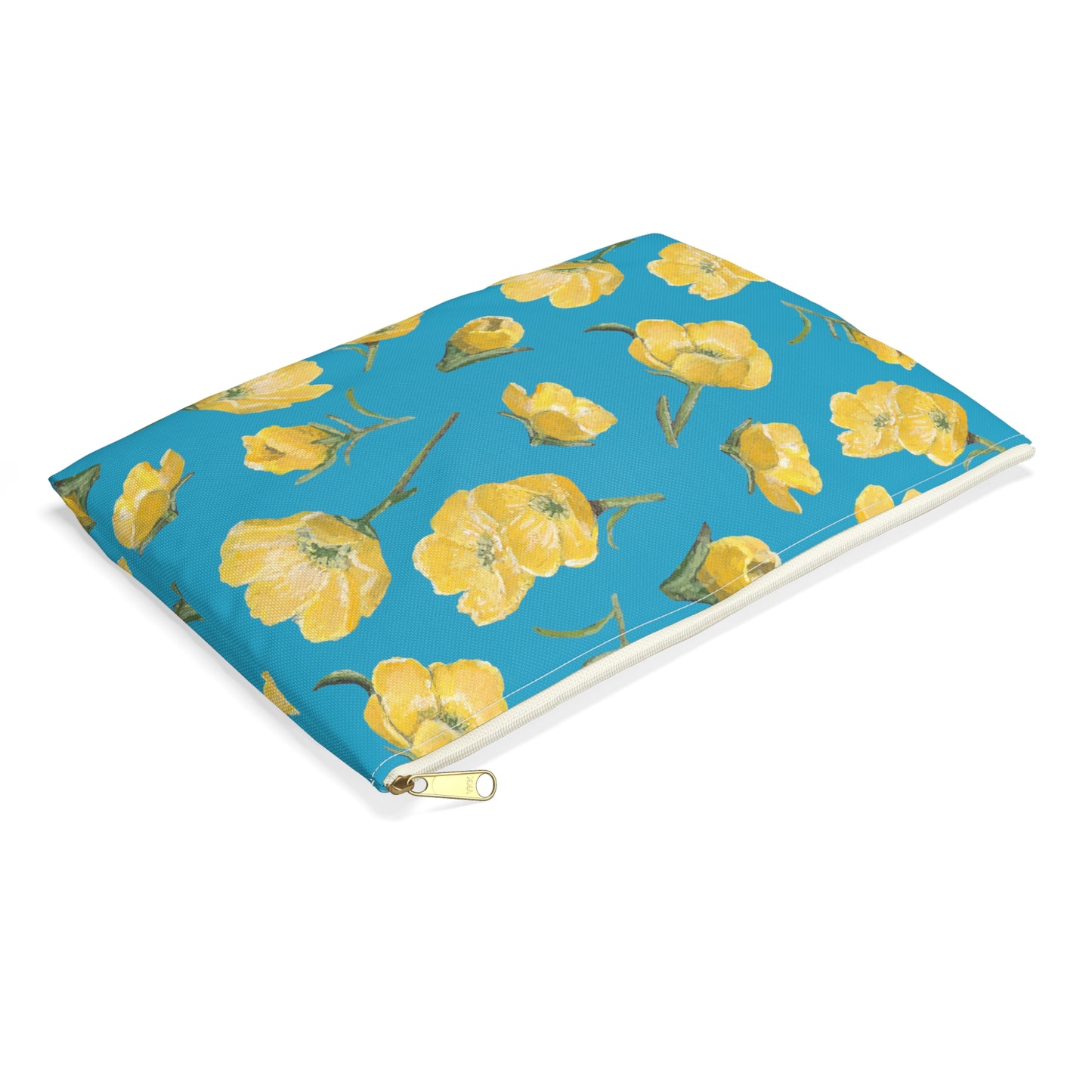 Accessory Pouch, Buttercups, Turquoise Colored Background, Oklahoma Wildflower, Yellow Floral