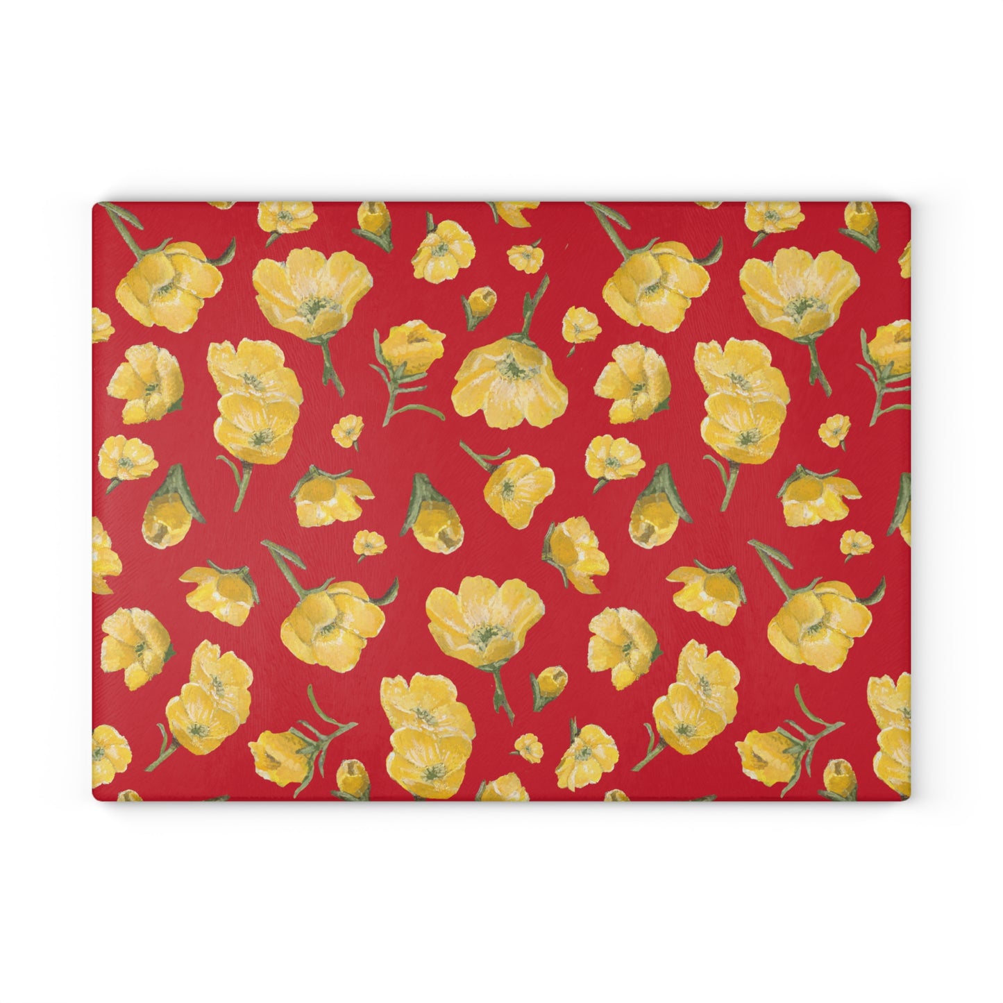 Glass Cutting Board, Kitchen Accessory, Buttercups, Red Background, Oklahoma Wildflower, Yellow Floral