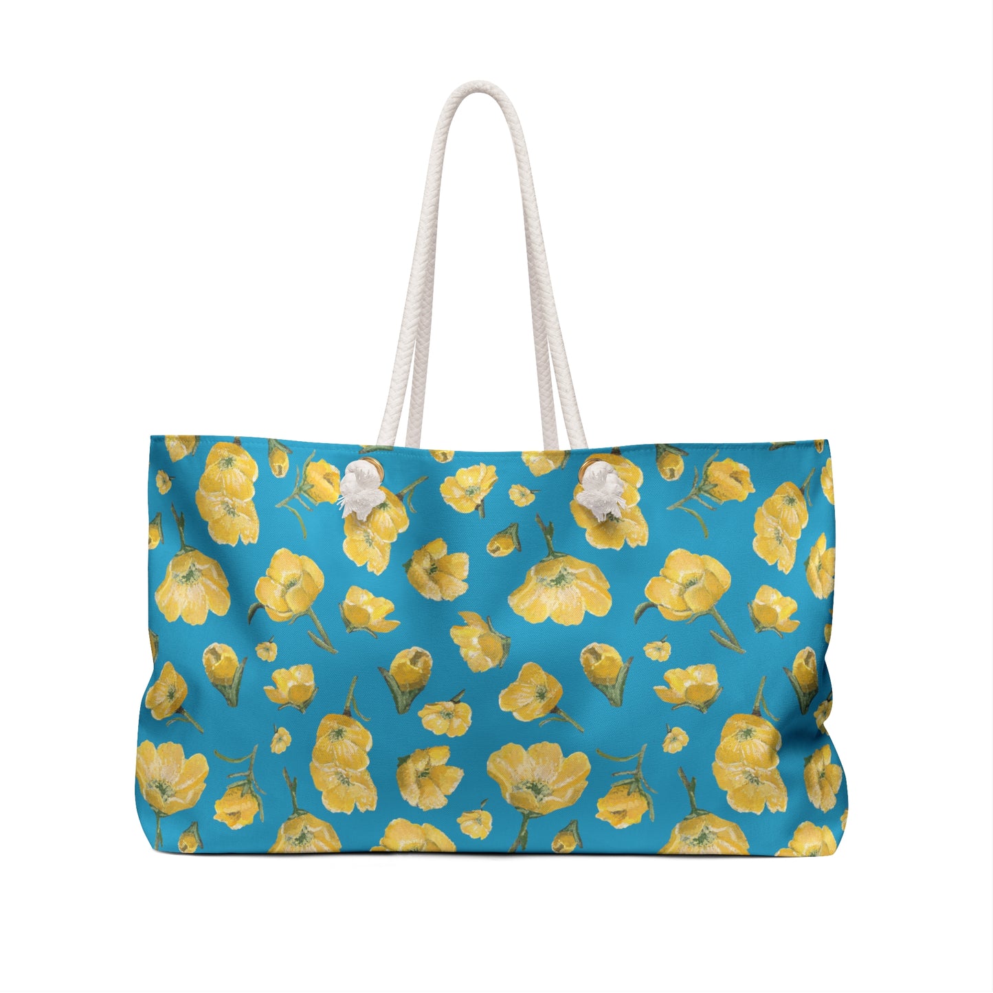 Weekender Bag, Buttercups, Turquoise Colored Background, Oklahoma Wildflower, Yellow Floral