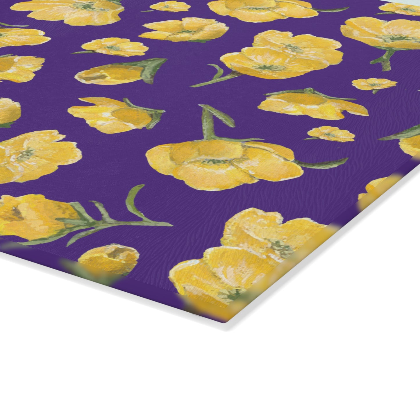 Glass Cutting Board, Kitchen Accessory, Buttercups, Purple Background, Oklahoma Wildflower, Yellow Floral