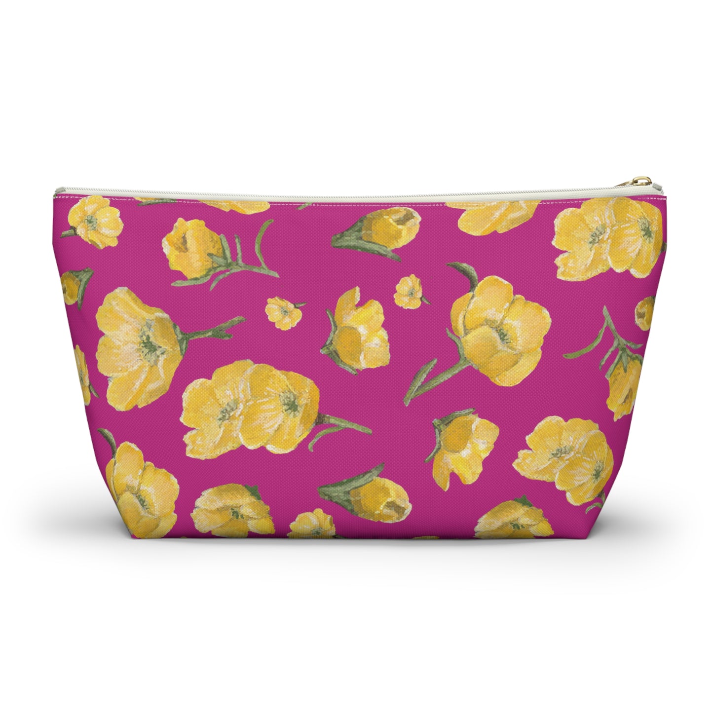 Accessory Pouch w T-bottom, Buttercups, Hot Pink Background, Oklahoma Wildflower, Yellow Floral