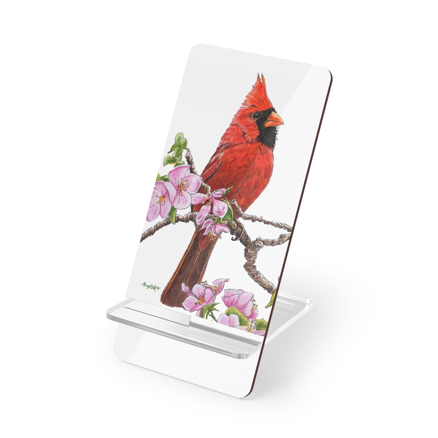 Mobile Display Stand for Smartphones, Northern Cardinal on Pink Floral, "Reflections", Spring Cardinal, Wild Bird, Cardinal Art