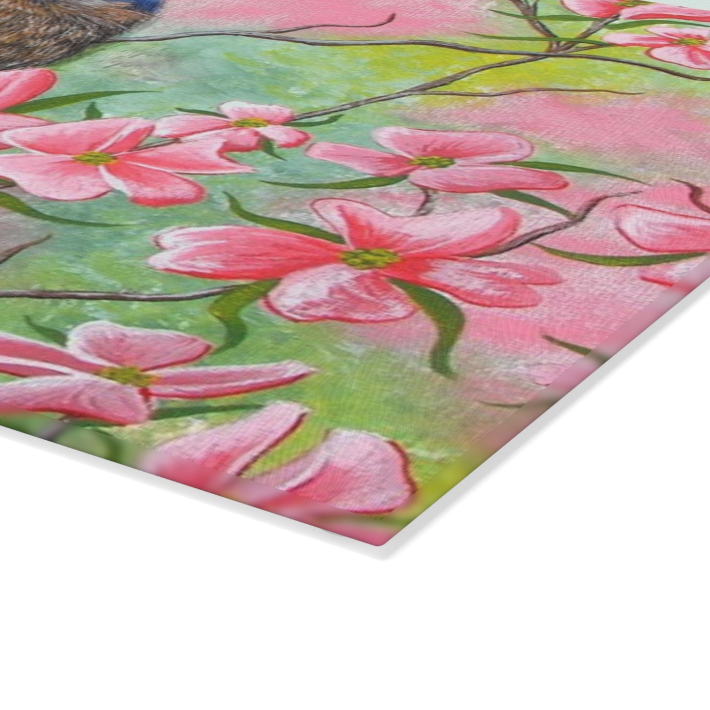 Glass Cutting Board, Kitchen Accessory, Eastern Bluebird on Pink Dogwood