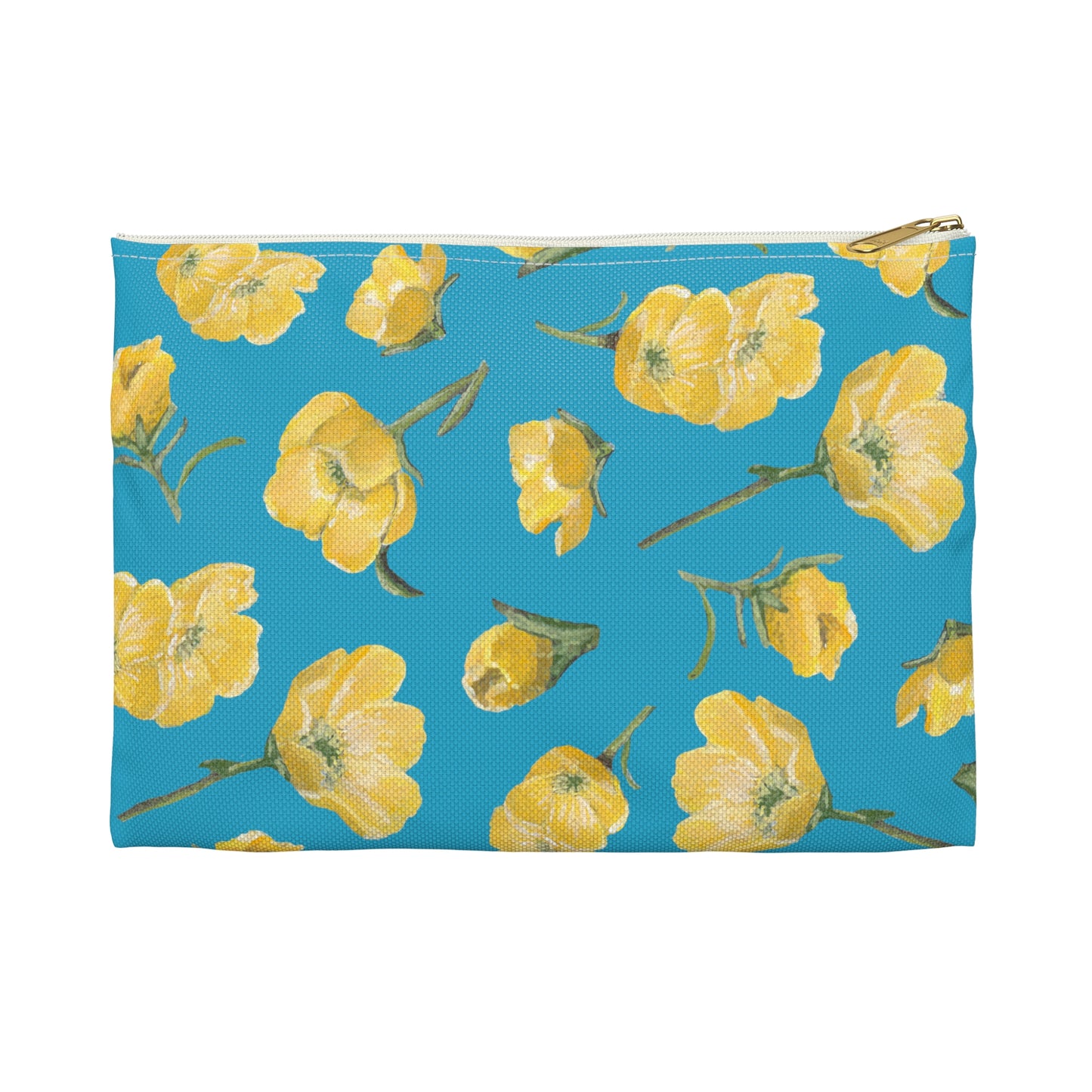 Accessory Pouch, Buttercups, Turquoise Colored Background, Oklahoma Wildflower, Yellow Floral