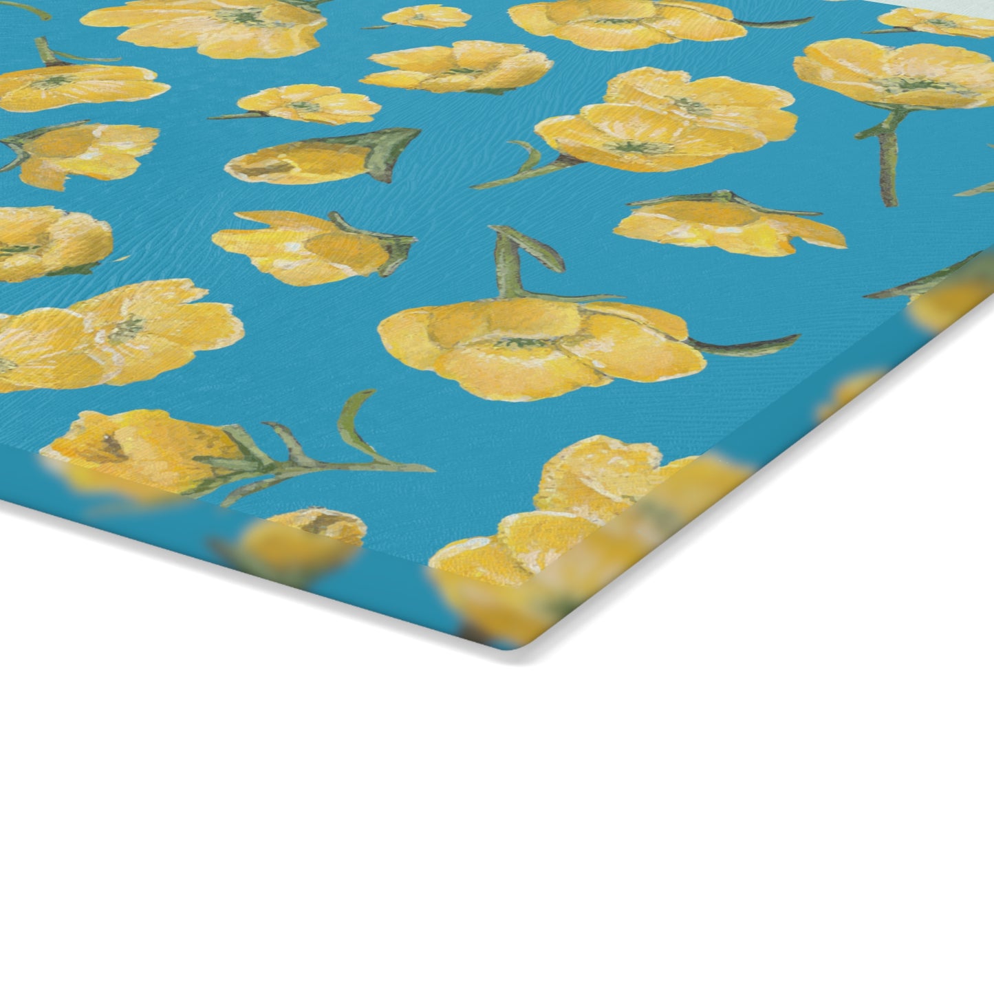 Glass Cutting Board, Kitchen Accessory, Buttercups, Turquoise Colored Background, Oklahoma Wildflower, Yellow Floral