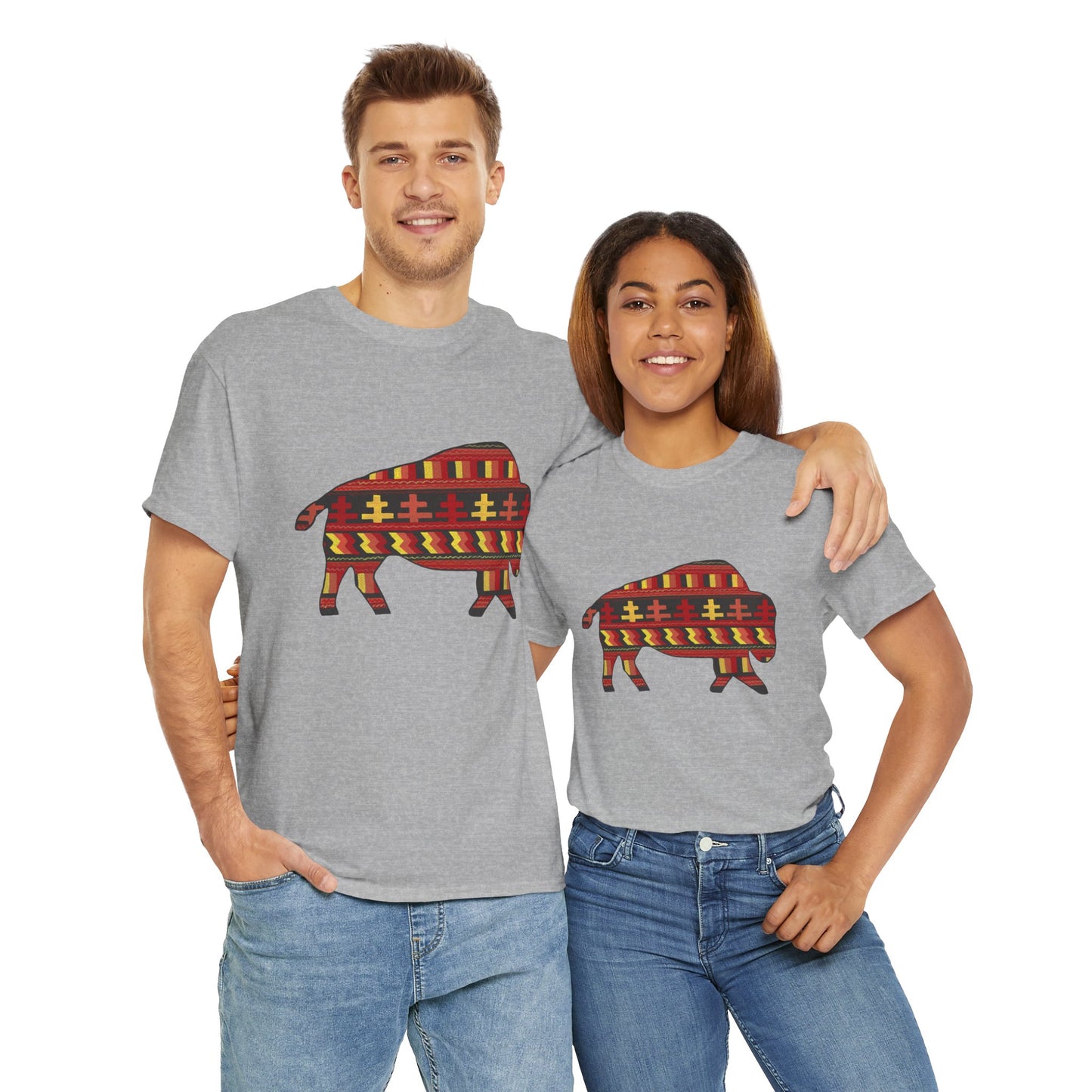 Unisex Heavy Cotton Tee, Seminole Patchwork Patterned Bison, Tribal Motif, Native Design, Indigenous Buffalo