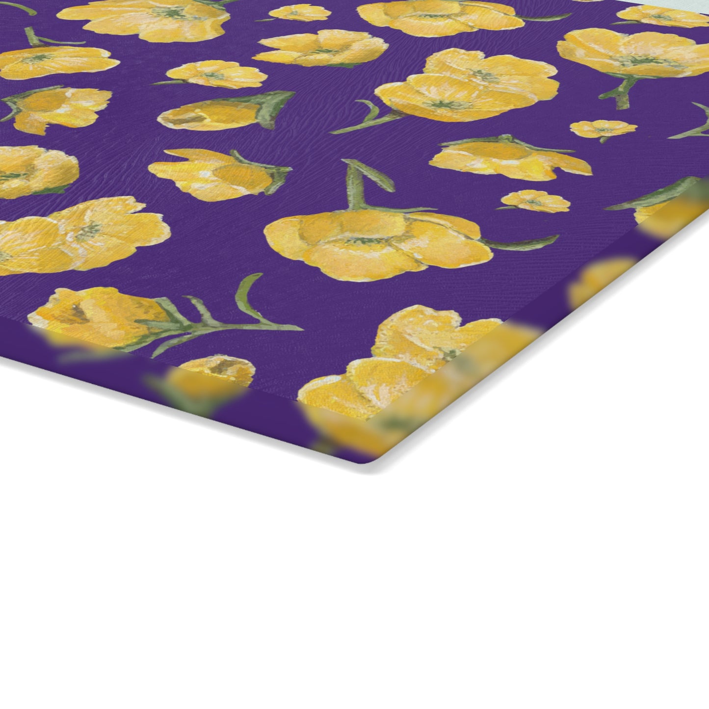 Glass Cutting Board, Kitchen Accessory, Buttercups, Purple Background, Oklahoma Wildflower, Yellow Floral