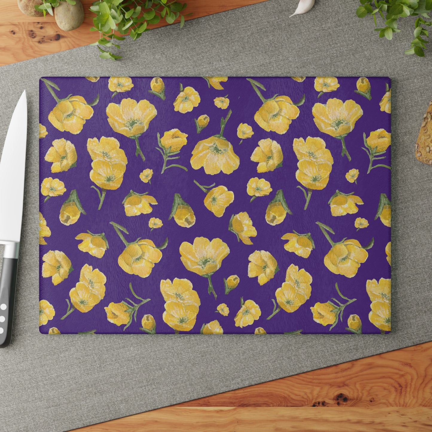 Glass Cutting Board, Kitchen Accessory, Buttercups, Purple Background, Oklahoma Wildflower, Yellow Floral