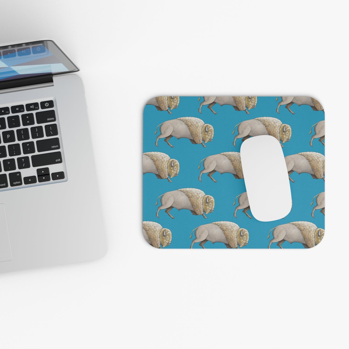 Mouse Pad, Turquoise Background, White Bison, Buffalo, Native American, Indigenous Design, Oklahoma