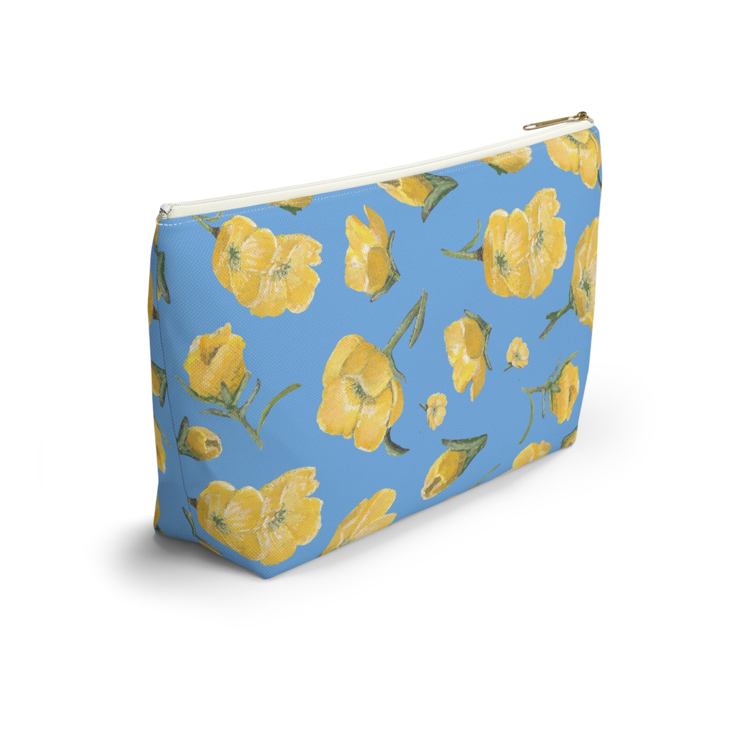 Accessory Pouch w T-bottom, Buttercups, Light Blue Background, Oklahoma Wildflower, Yellow Floral
