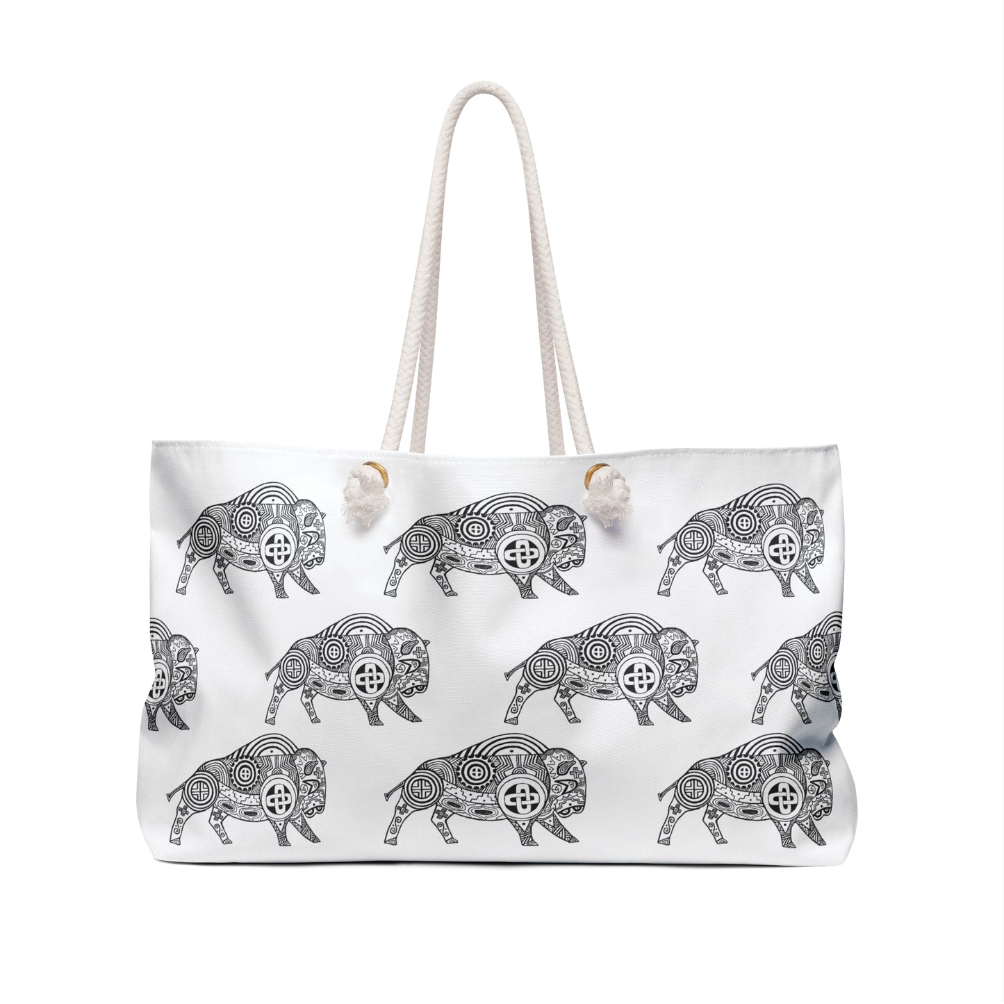 Weekender Bag, Black and White, Southeastern Tribal Motif, Bison, Buffalo, Native American, Powwow Tote