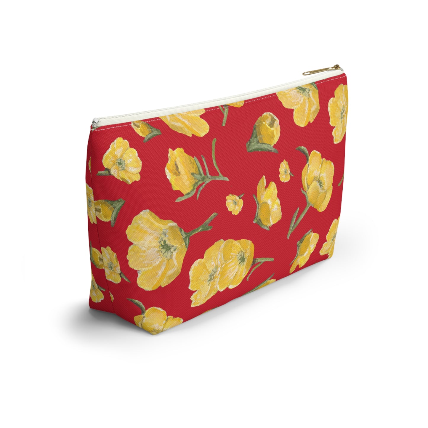 Accessory Pouch w T-bottom, Buttercups, Red Background, Oklahoma Wildflower, Yellow Floral