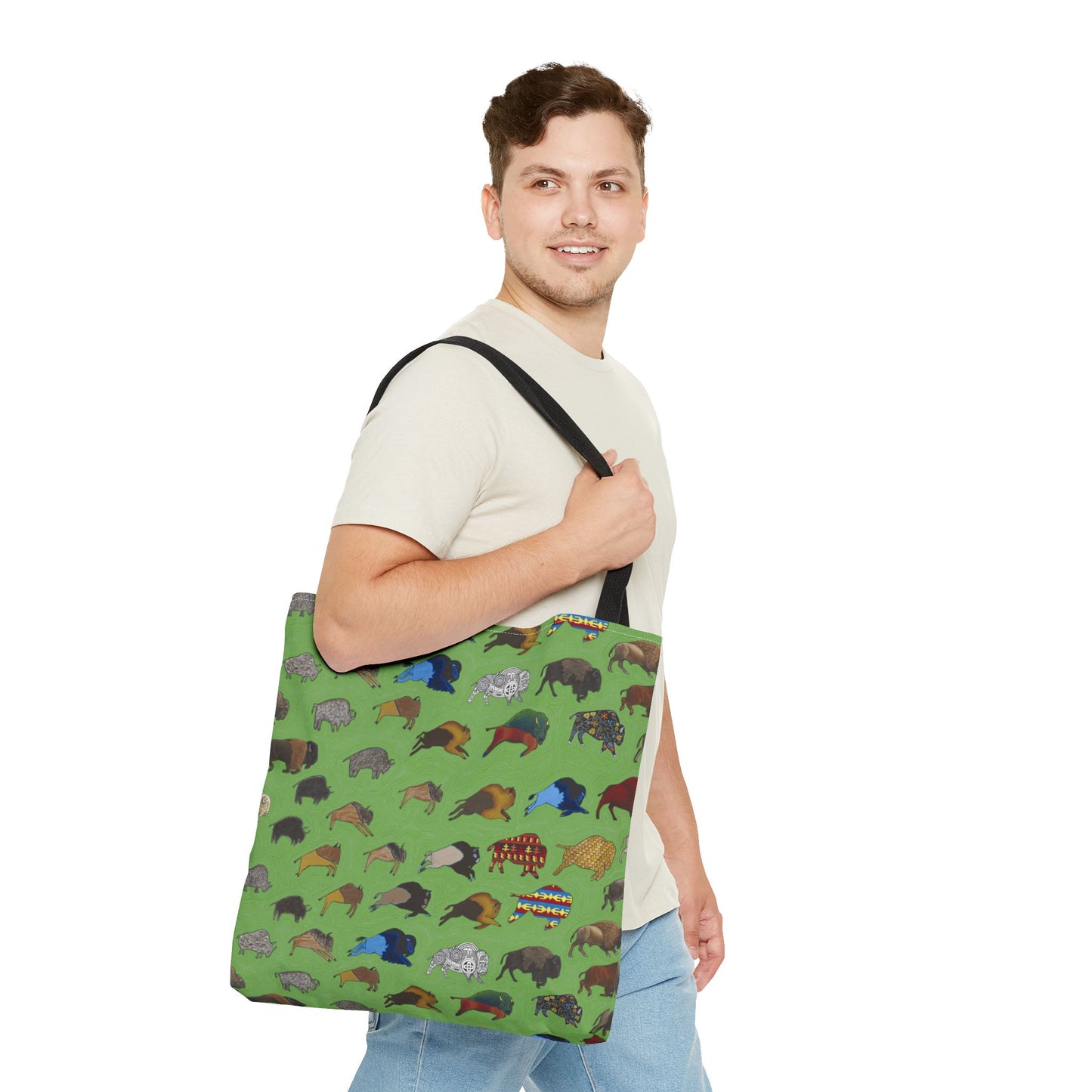 Tote Bag, Green, Bison Transition, Buffalo, Native American