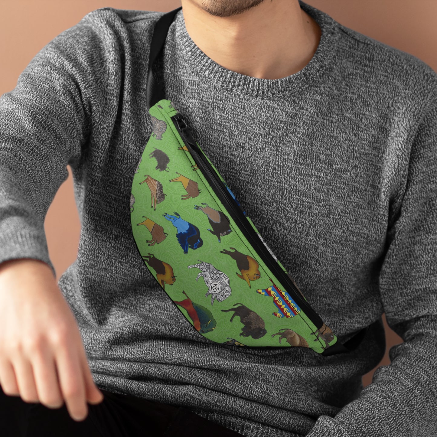 Fanny Pack, Green, Bison Transition, Buffalo, Native American, Indigenous
