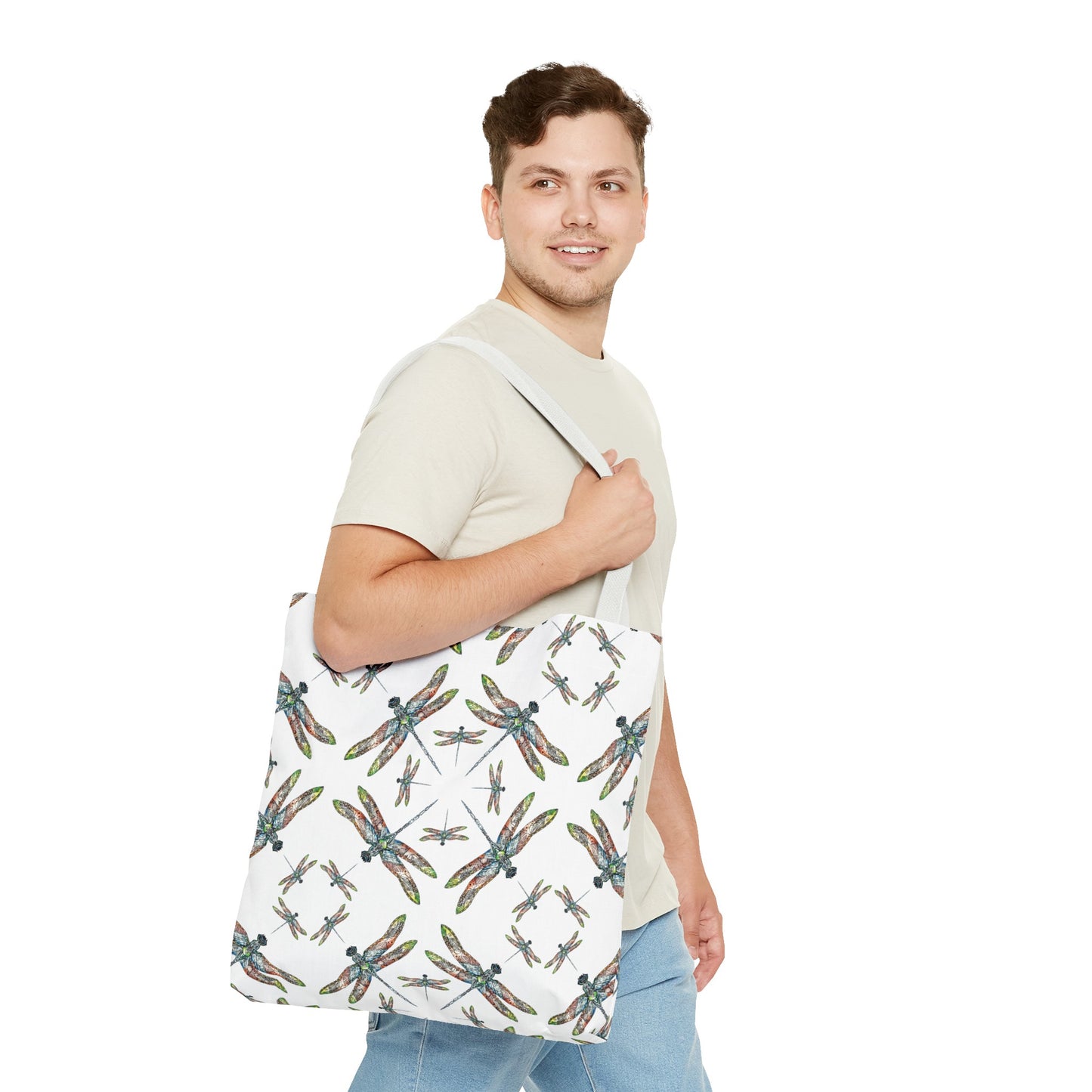 Dragonfly Tote Bag, White, Shoulder bag, Powwow tote, Carry all
