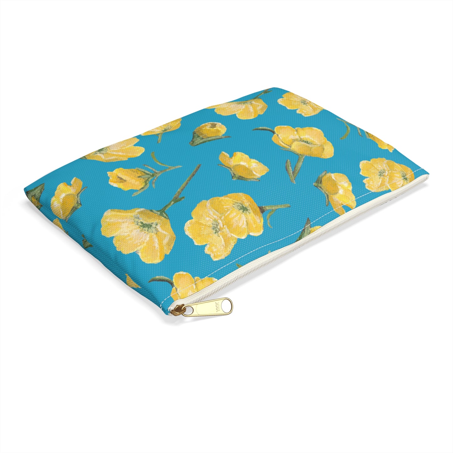 Accessory Pouch, Buttercups, Turquoise Colored Background, Oklahoma Wildflower, Yellow Floral
