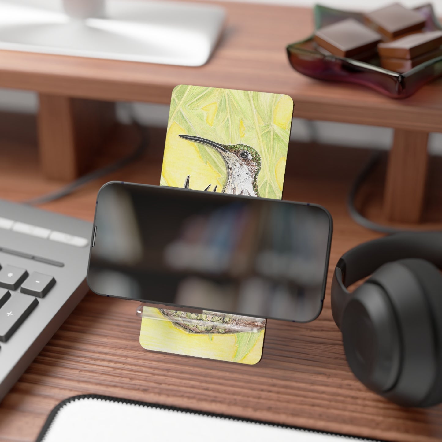 Mobile Display Stand for Smartphones, Mother Hummingbird with Babies & Nest, Hummingbird Art, Wildbird, Oklahoma Wild Bird, Cell Phone Stand