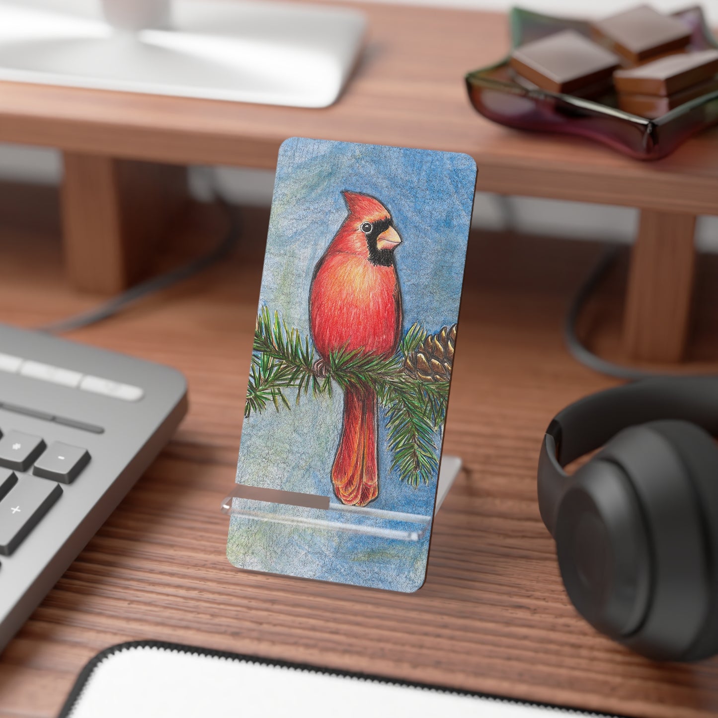 Mobile Display Stand for Smartphones, Cardinal on Pine Branch, "Totsuwa", Cell Phone Holder, Wild Bird, Cardinal Art