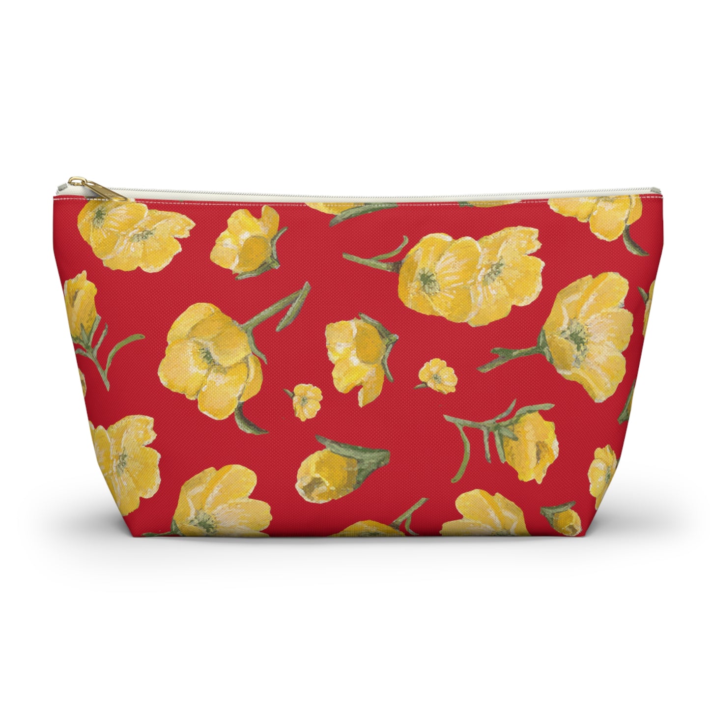 Accessory Pouch w T-bottom, Buttercups, Red Background, Oklahoma Wildflower, Yellow Floral