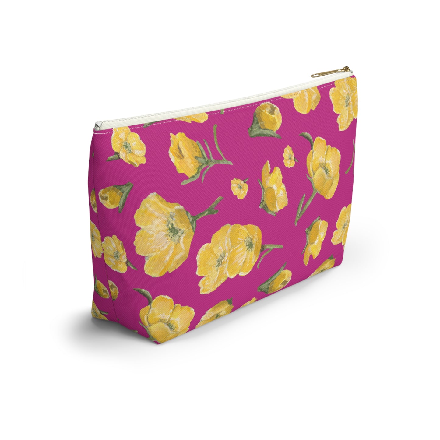Accessory Pouch w T-bottom, Buttercups, Hot Pink Background, Oklahoma Wildflower, Yellow Floral