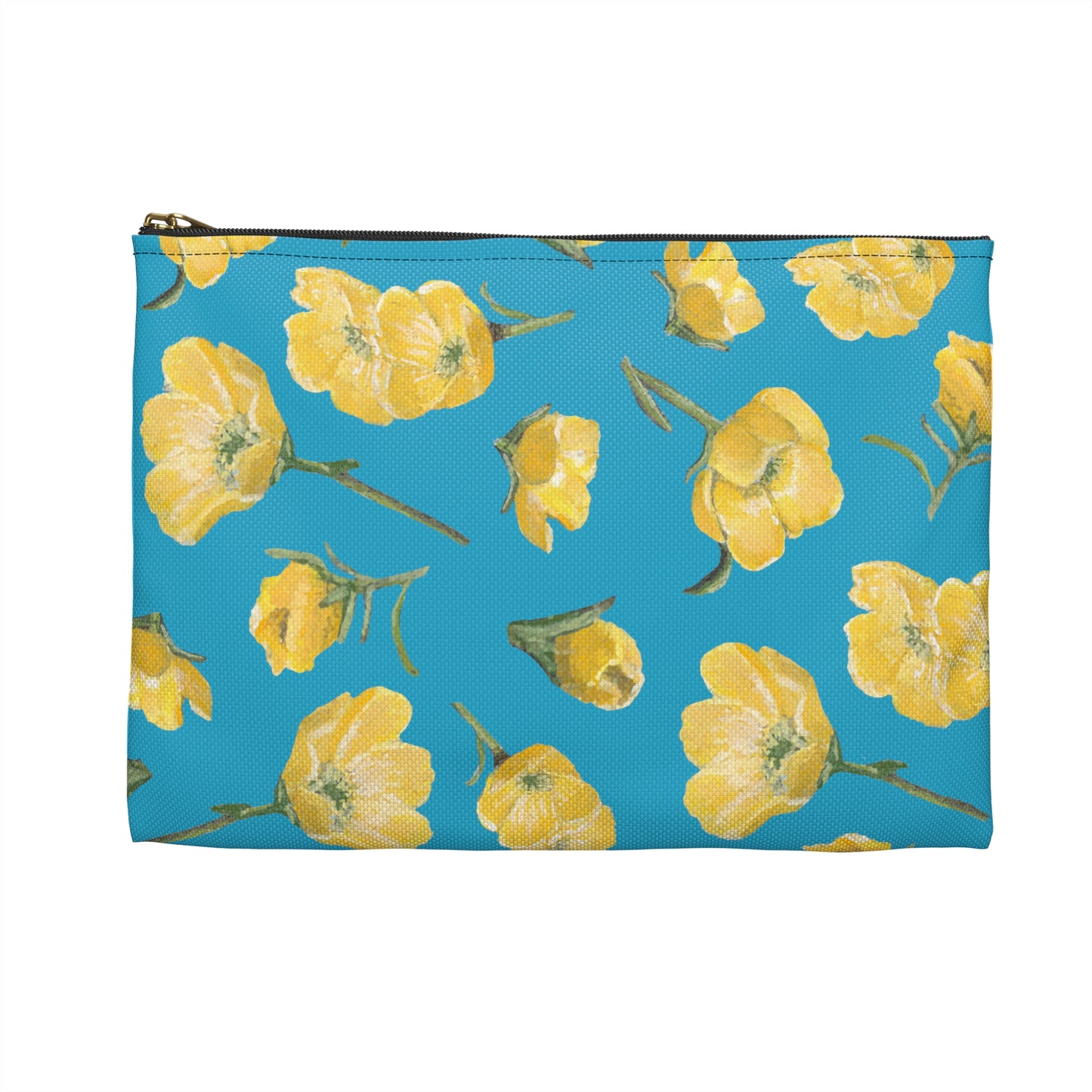 Accessory Pouch, Buttercups, Turquoise Colored Background, Oklahoma Wildflower, Yellow Floral