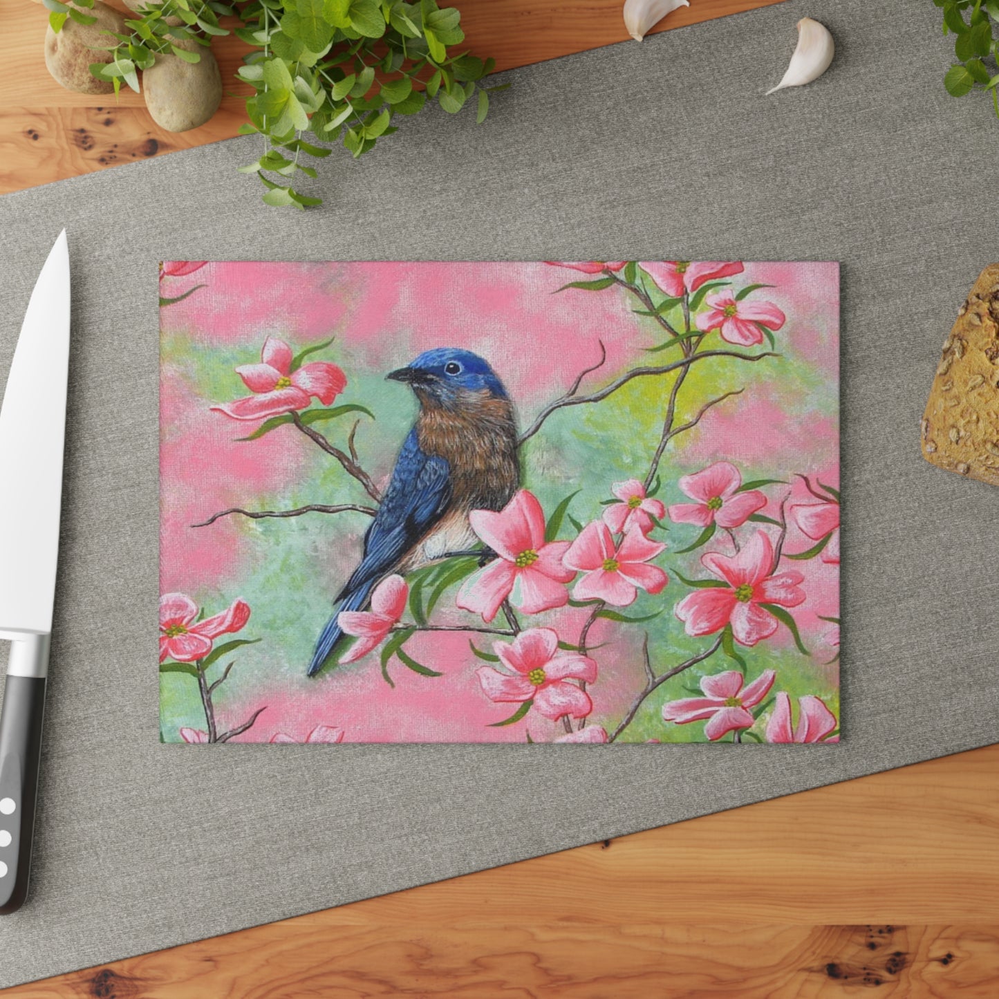 Glass Cutting Board, Kitchen Accessory, Eastern Bluebird on Pink Dogwood