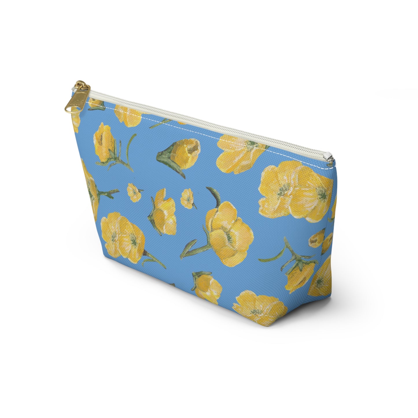 Accessory Pouch w T-bottom, Buttercups, Light Blue Background, Oklahoma Wildflower, Yellow Floral