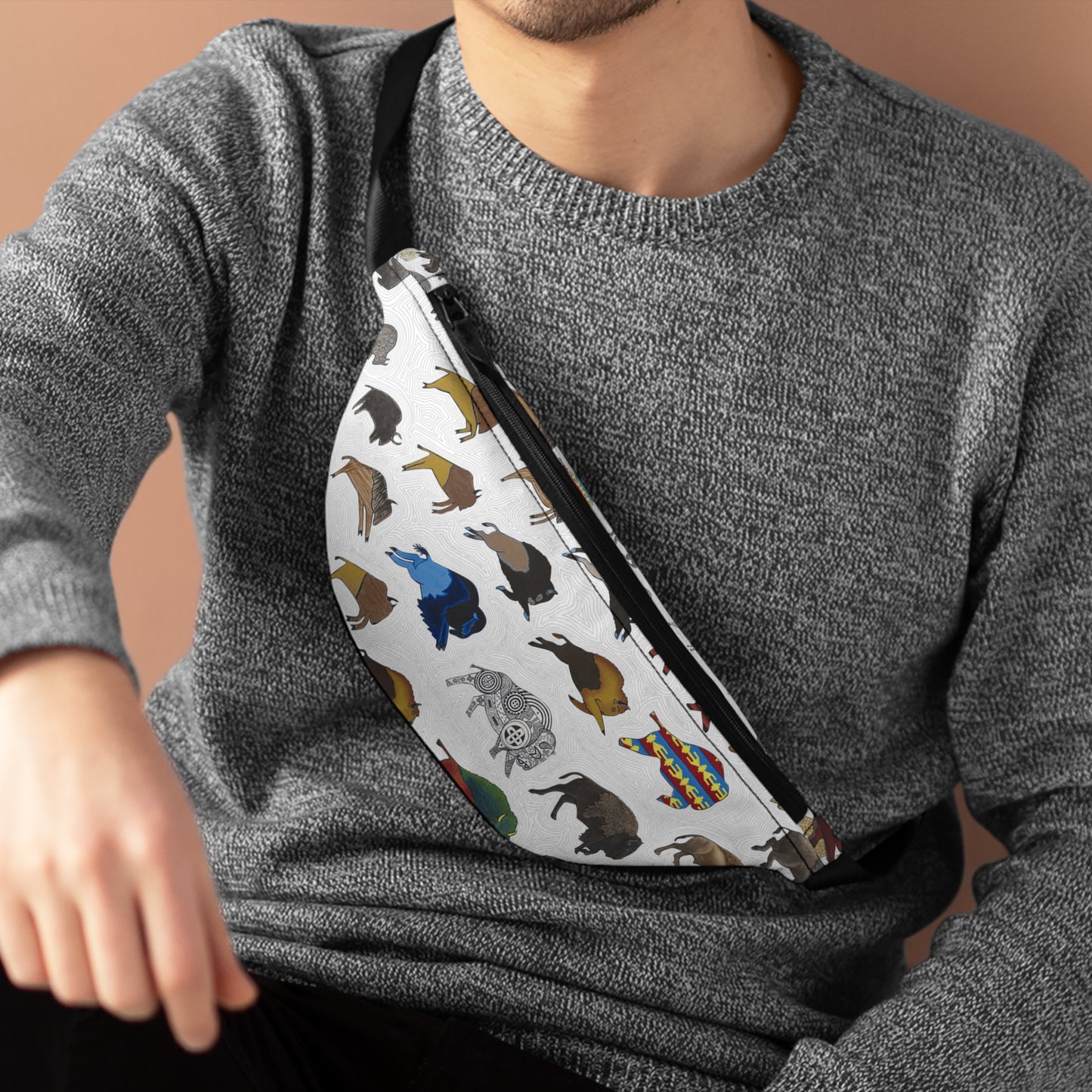 Fanny Pack, White, Bison Transition, Buffalo, Native American, Indigenous Design
