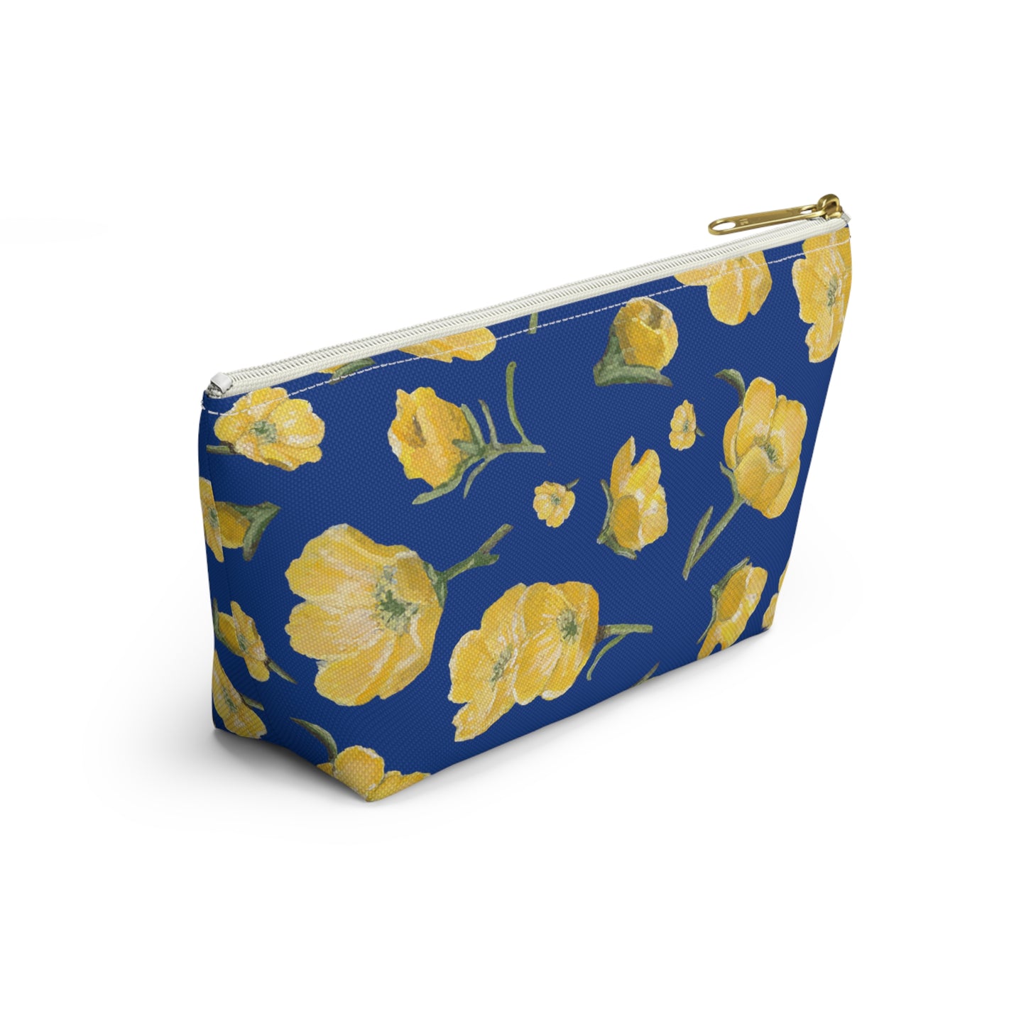 Accessory Pouch w T-bottom, Buttercups, Dark Blue Background, Oklahoma Wildflower, Yellow Floral